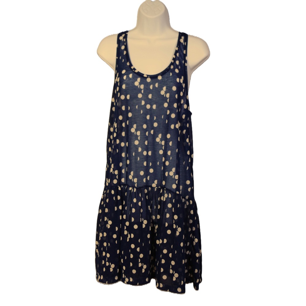 HM Woman Large Navy Blue Polka Dot Sleeveless Drop Waist Ruffle Hem Mini Dress